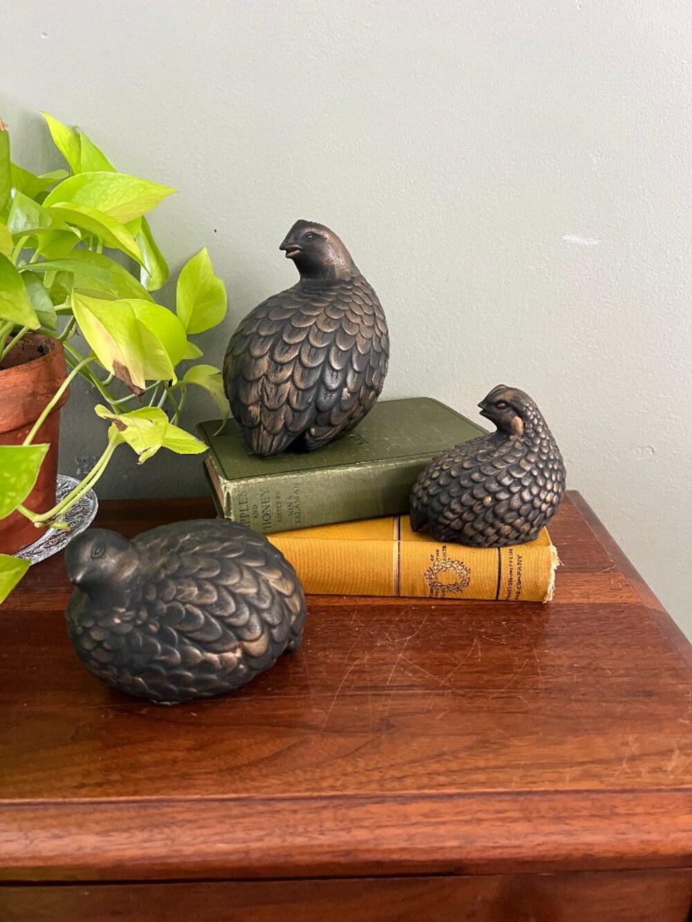 Vintage Hand Painted  Arnel's  Ceramic Quails Antique Bronze Set of Three